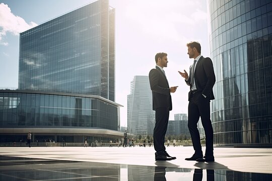 Two businessmen discussing business in front of a modern office building created with Generative AI technology