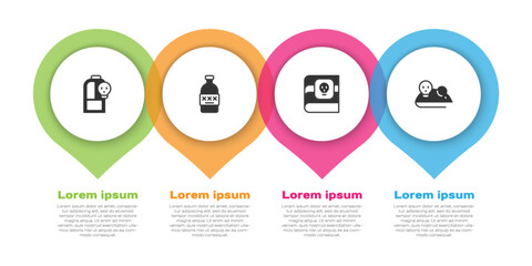 Set Beaker with toxic liquid, Poisoned alcohol, Book about poisons and Experimental mouse. Business infographic template. Vector