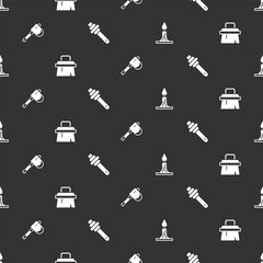 Set Burning candle, Sauna brush, Wooden axe and Honey dipper stick on seamless pattern. Vector