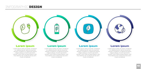 Set Electric saving plug in leaf, Eco nature battery, Leaf symbol and Earth globe and. Business infographic template. Vector