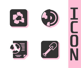 Set Shovel, Gold nugget, Earth globe with document and core structure crust icon. Vector