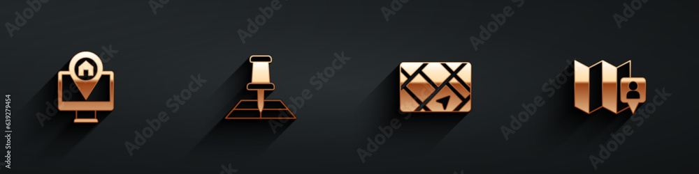 Poster set monitor with map location, folded marker, gps device and icon with long shadow. vector