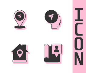 Set Folded map with location marker, Map pin, Location house and human icon. Vector