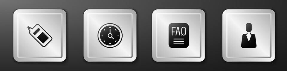 Set Mobile phone, Clock, FAQ information and Employee icon. Silver square button. Vector