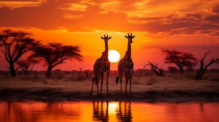 Giraffes against a vibrant sunset
