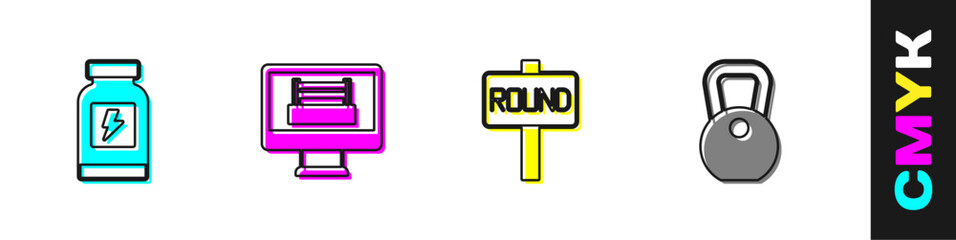 Set Energy drink, Boxing ring, board and Weight icon. Vector