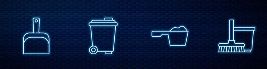 Set line Washing powder, Dustpan, Trash can and Mop and bucket. Glowing neon icon on brick wall. Vector