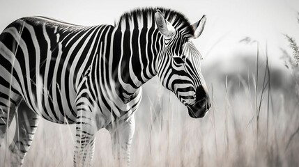 Monochrome zebra grazing on grass
