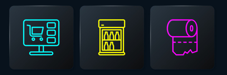 Set line Shopping cart on computer, Toilet paper roll and Commercial refrigerator. Black square button. Vector