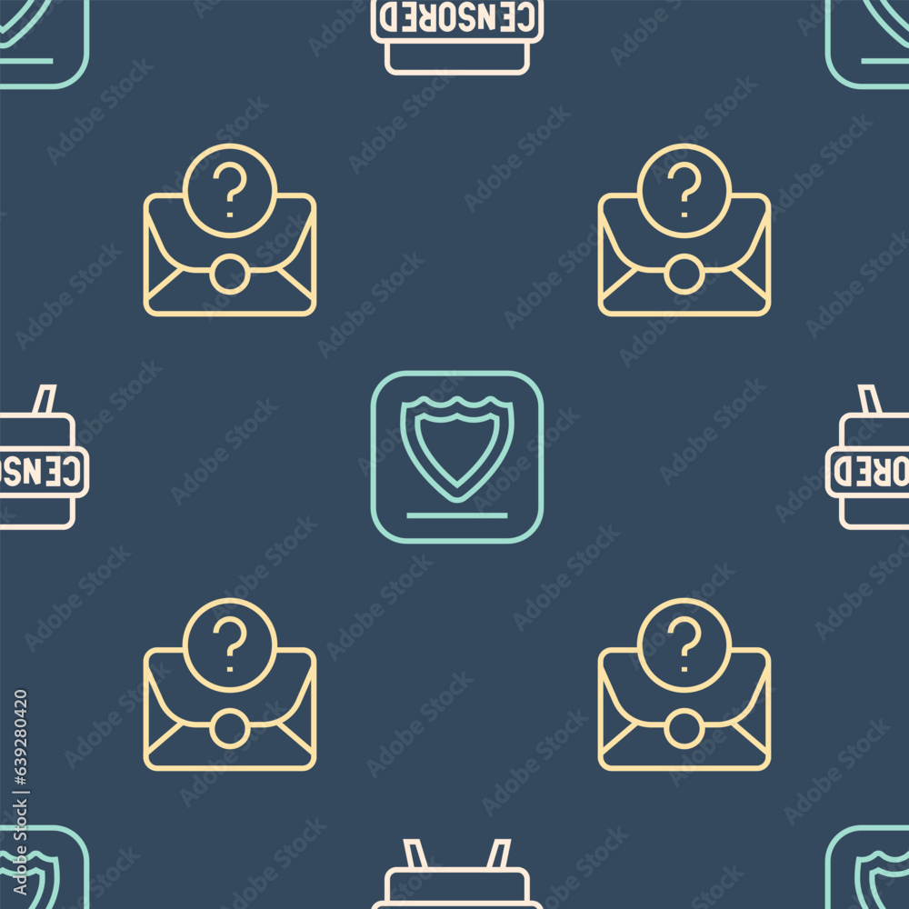 Aufkleber set line censored stamp, envelope with question mark and shield on seamless pattern. vector