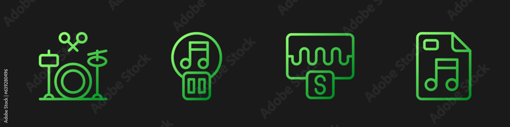 Poster set line music wave equalizer, drums, pause button and mp3 file document. gradient color icons. vect