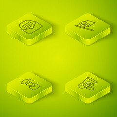 Set Isometric line Peace, Graduate and graduation cap, and Mail e-mail icon. Vector
