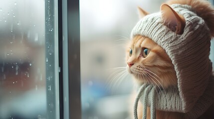 A pretty cute cat in a knitted hat sitting on the windowsill and looking out the window.