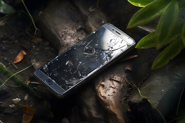 Old broken and damaged smartphones left in the dirt under the trees.