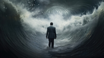 A man walking through the water with the waves parted.