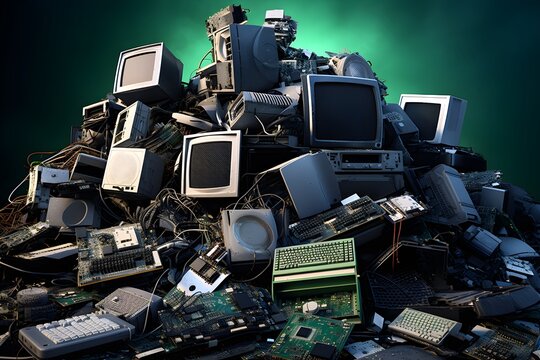 piles of old computer hardware such as case and monitor, CD-ROMs, floppy disks, keyboard and mouse isolated on white background