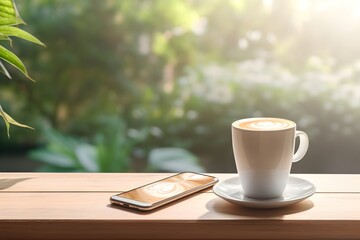 White latte coffee mug on Wooden plank floor table, side view, fresh atmosphere, sunlight in the early morning background