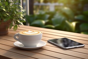 White latte coffee mug and mobile phone on Wooden plank floor table, side view, fresh atmosphere, sunlight in the early morning background