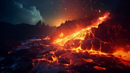 Active volcano spewing molten lava at night
