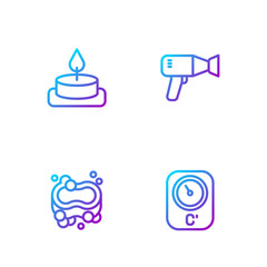 Set line Sauna thermometer, Bar of soap, Aroma candle and Hair dryer. Gradient color icons. Vector