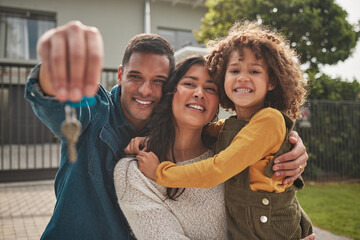 Happy family, portrait and real estate with keys in property, investment or new home together....