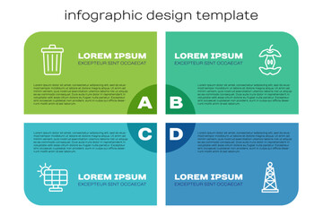 Set line Solar energy panel, Trash can, Oil rig and Apple core. Business infographic template. Vector