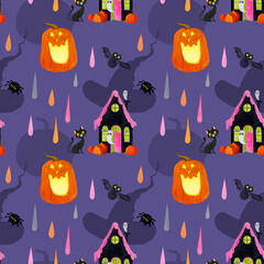 Watercolor seamless pattern with a house and pumpkins on the theme of Halloween