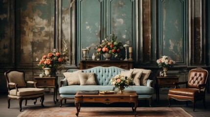 Fototapeta na wymiar Antique living room with vintage furniture