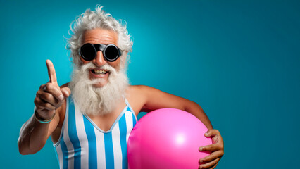 A elderly man with white beard wearing a retro swimsuit and goggles holding a pink beach ball