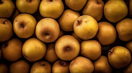 Realistic photo of a bunch of asian pears. top view fruit scenery