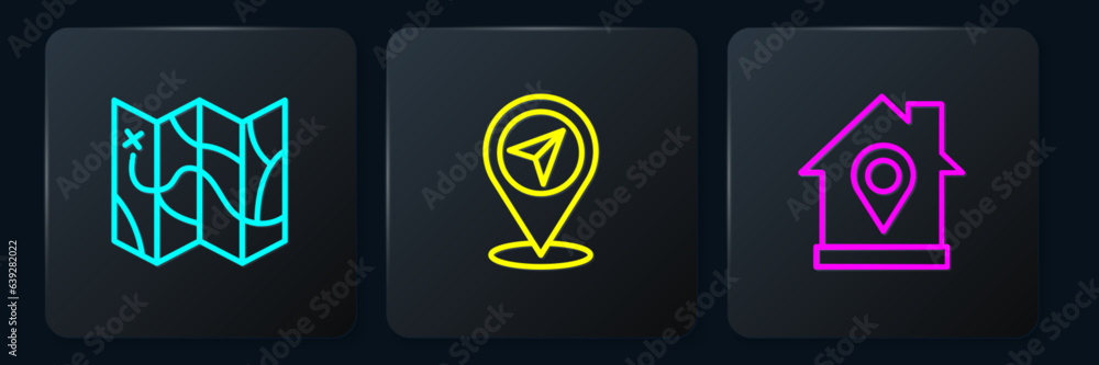 Poster set line folded map, location with house and map pin. black square button. vector