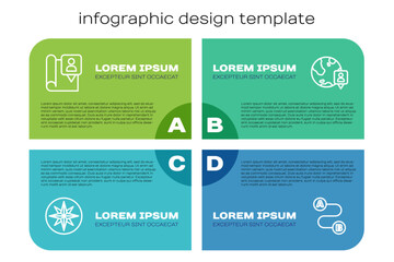 Set line Wind rose, Folded map with location marker, Route and Location the globe. Business infographic template. Vector