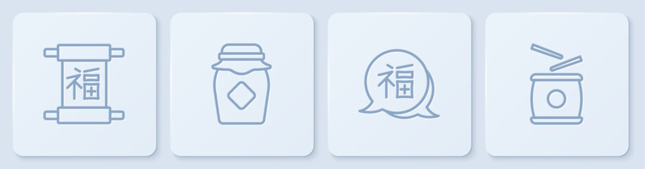 Set line Chinese New Year, Jar of honey and drum. White square button. Vector