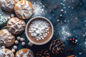 Flat lay arrangement showcasing snowy delights and hot latte, chocolate, lemon water