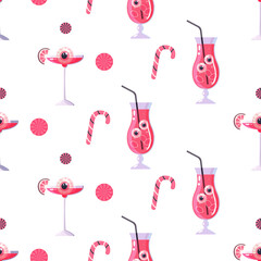 Pink Halloween pattern seamless with cocktail eyes