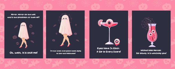 Pink Halloween poster, cocktail, girl, caption, lettering, funny caption