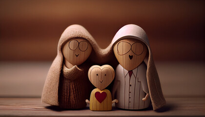 Togetherness relationship and lifestyle concept two hearts with background, Happy family with one child and heart on wooden background, Ai generated image
