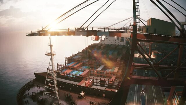Timelapse of loading a container ship in the port. Container ship loading and unloading in cargo sea port time lapse