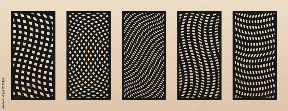 Poster Decorative stencil for laser cut, CNC cutting. Set of vector abstract patterns with distorted grid, wavy lines, optical illusion effect. Modern template for cutting of wood, metal. Aspect ratio 1:2
