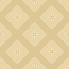 Gold vector floral geometric seamless pattern. Abstract golden geometric ornament with big flowers in oriental style. Simple elegant mosaic background. Subtle ornamental texture. Repeat geo design