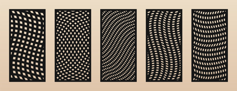 Decorative stencil for laser cut, CNC cutting. Set of vector abstract patterns with distorted grid, wavy lines, optical illusion effect. Modern template for cutting of wood, metal. Aspect ratio 1:2