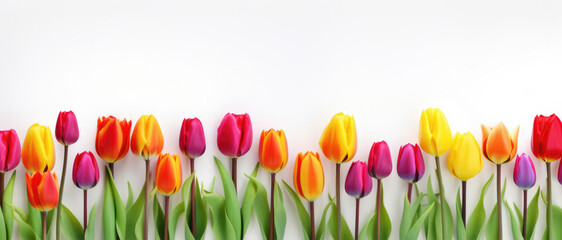 Colorful fresh spring tulips flowers border in a row on white background