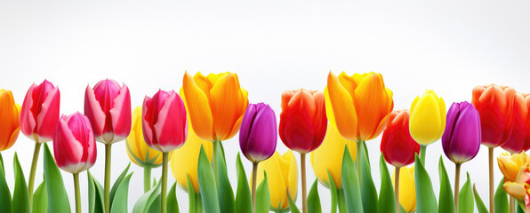 Colorful fresh spring tulips flowers border in a row on white background