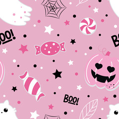 Halloween seamless pattern. Vector illustration of cute ghost cats, pumpkins and candies on a pink background. Vector cartoon seamless pattern.