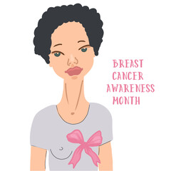 Breast cancer awareness month vector illustration. Afro american woman in a gray t-shirt with a pink ribbon on her chest.