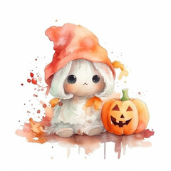 Halloween watercolor. Cute Little Ghost in Red Hat and Halloween Pumpkin