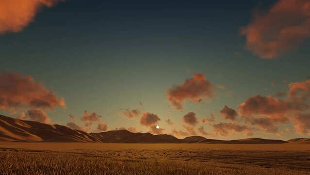 Sunset Timelapse, Dramatic Sundown Landscape, Sunset in Mountains View Nature. 3d animation.