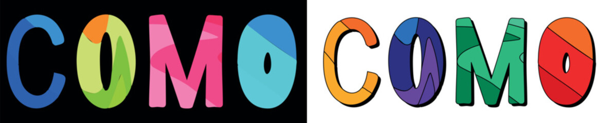 COMO. Set 2 in 1. Bright funny cartoon color doodle isolated text. Place in Italy COMO for print typography, travel social network, adv banner, t-shirt design.