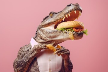 Toothy crocodile eating a big hamburger on pink background.