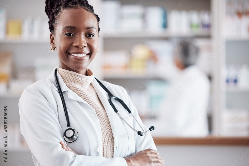 Canvas Prints Black woman, doctor in portrait with arms crossed and healthcare, medical professional and hospital dispensary. Pharmacy, health and confidence, smile with wellness and drugs, medicine and service